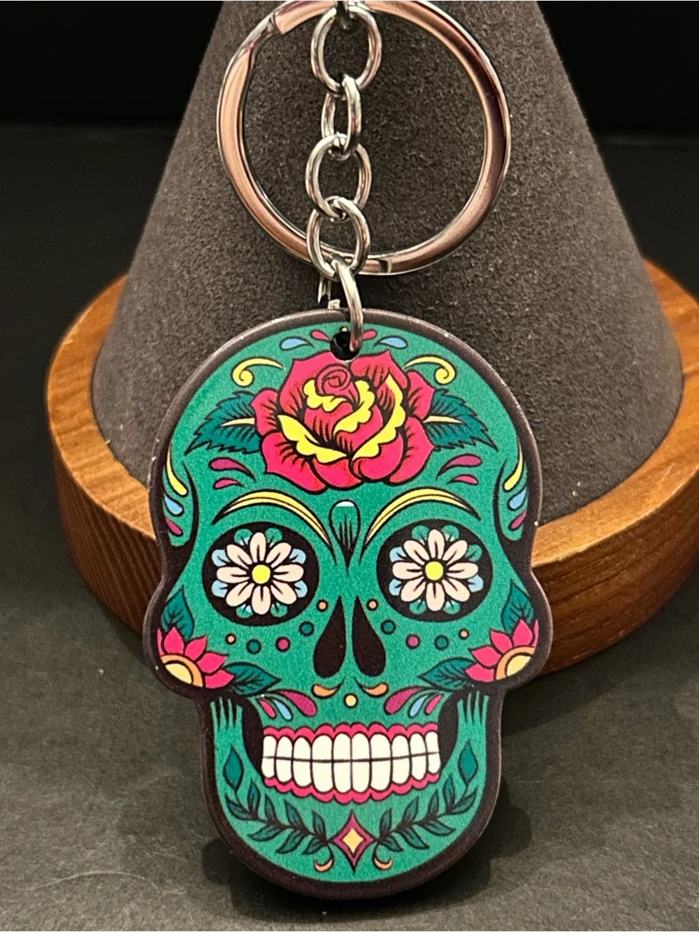 Colorful Floral Sugar Skull Acrylic Bag Charm Keychain in Assorted Colors NWT